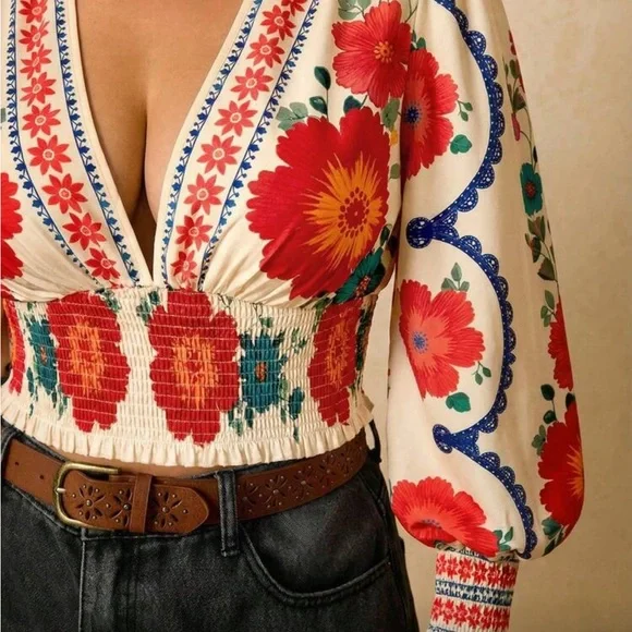 Plus Size Romantic Bohemian Floral Print Long Sleeve Tie Front Blouse Shirt - Picture 11 of 14